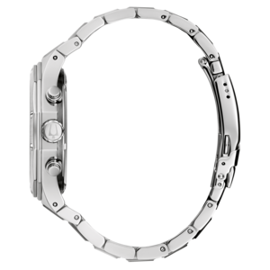 Zilveren horloge met armband, zijaanzicht, glanzend, elegant, modern, accessoire, tijdwaarnemer, chronograaf