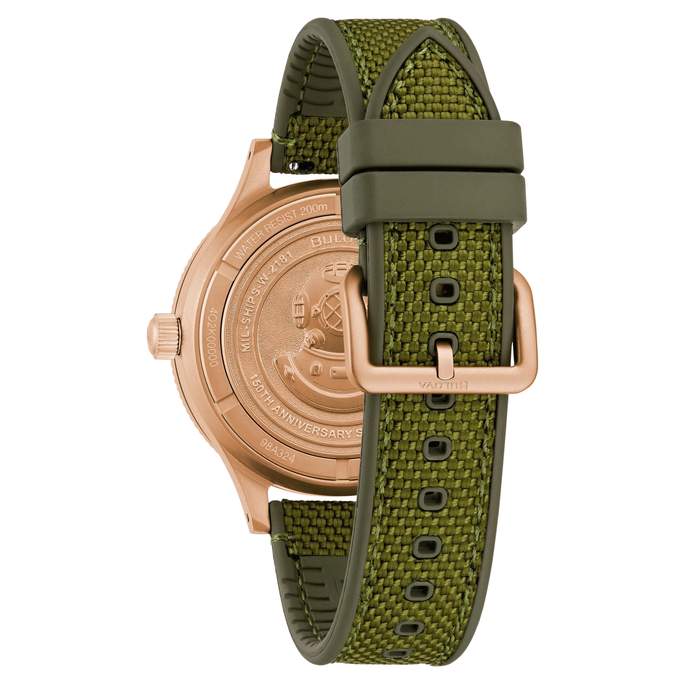 Horloge met groen bandje en roségouden kast, detailopname van de achterkant van de kast.