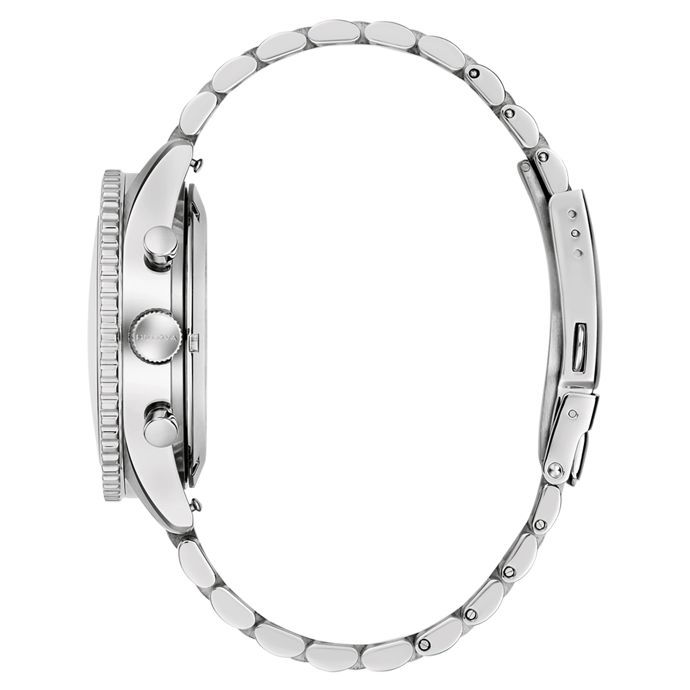 Zilveren horloge met armband, zijaanzicht, detailopname, Bulova-logo, elegant
