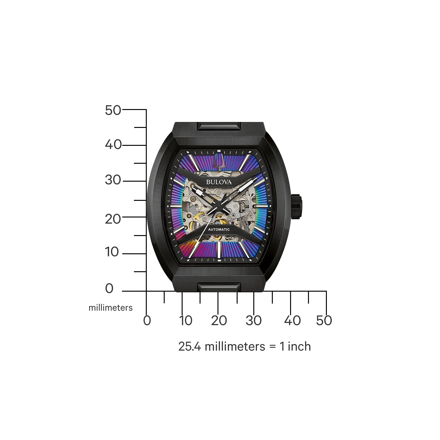 Zwart Bulova horloge met skelet wijzerplaat, millimeter schaal, 25,4 mm = 1 inch.
