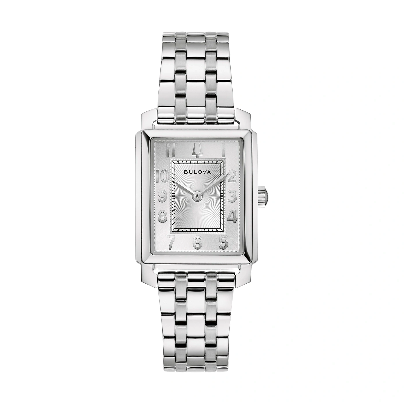 Zilveren Bulova horloge met rechthoekige wijzerplaat en armband