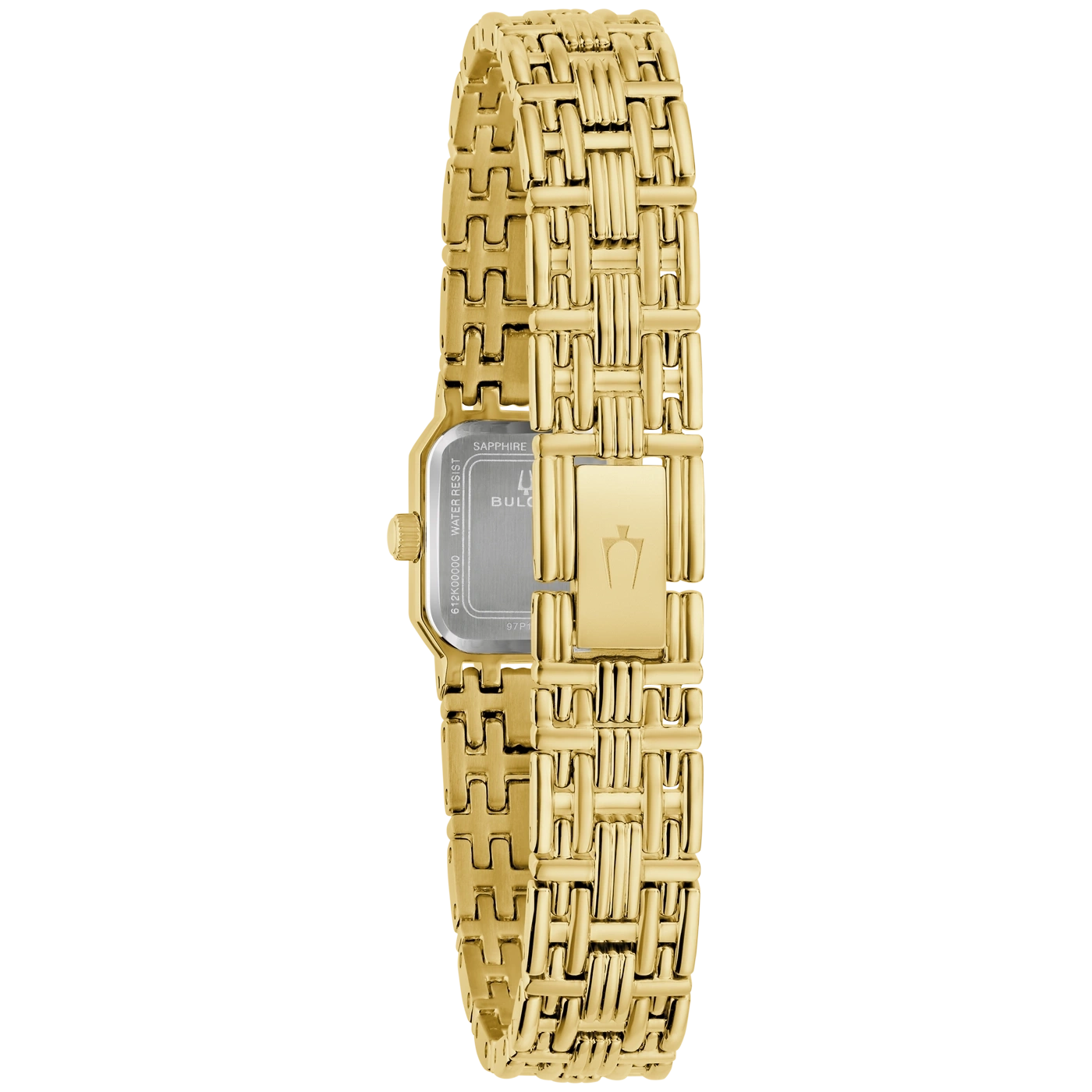 Een gouden horloge met gedetailleerde band en zichtbare achterkant.
