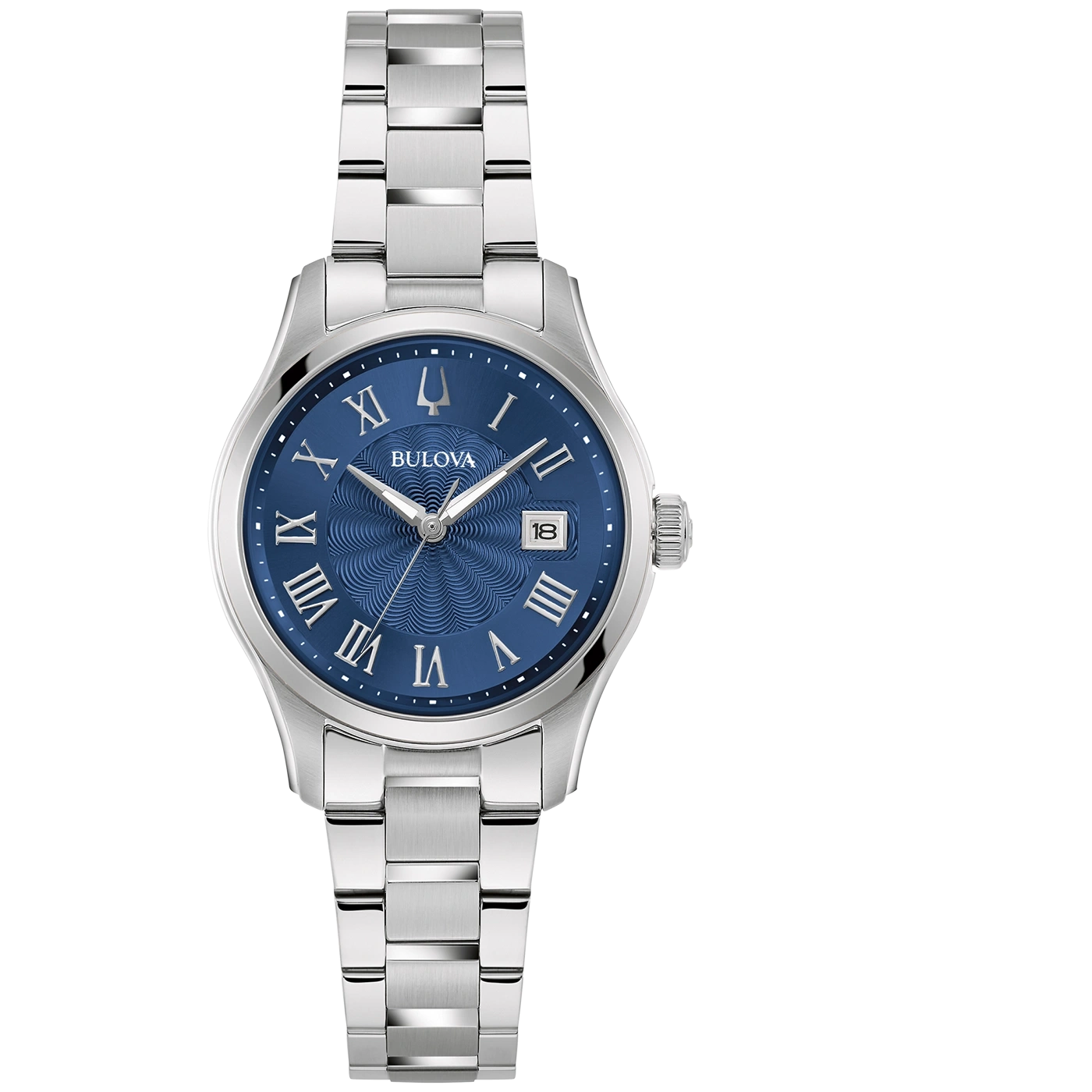 Bulova horloge met blauwe wijzerplaat en Romeinse cijfers, zilveren armband