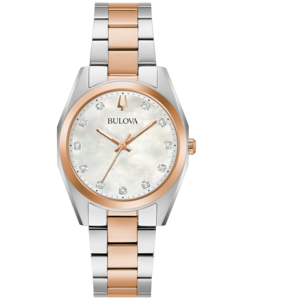 Bulova dameshorloge met parelmoer wijzerplaat en diamanten, roségoud