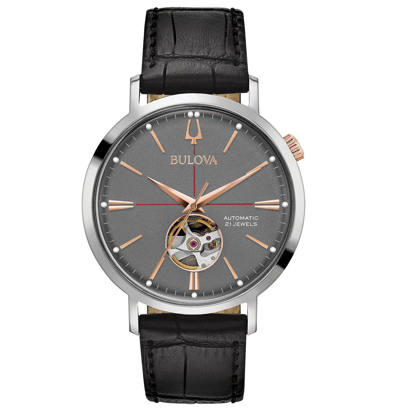 Bulova horloge met grijze wijzerplaat en leren band, automatisch, 21 juwelen.
