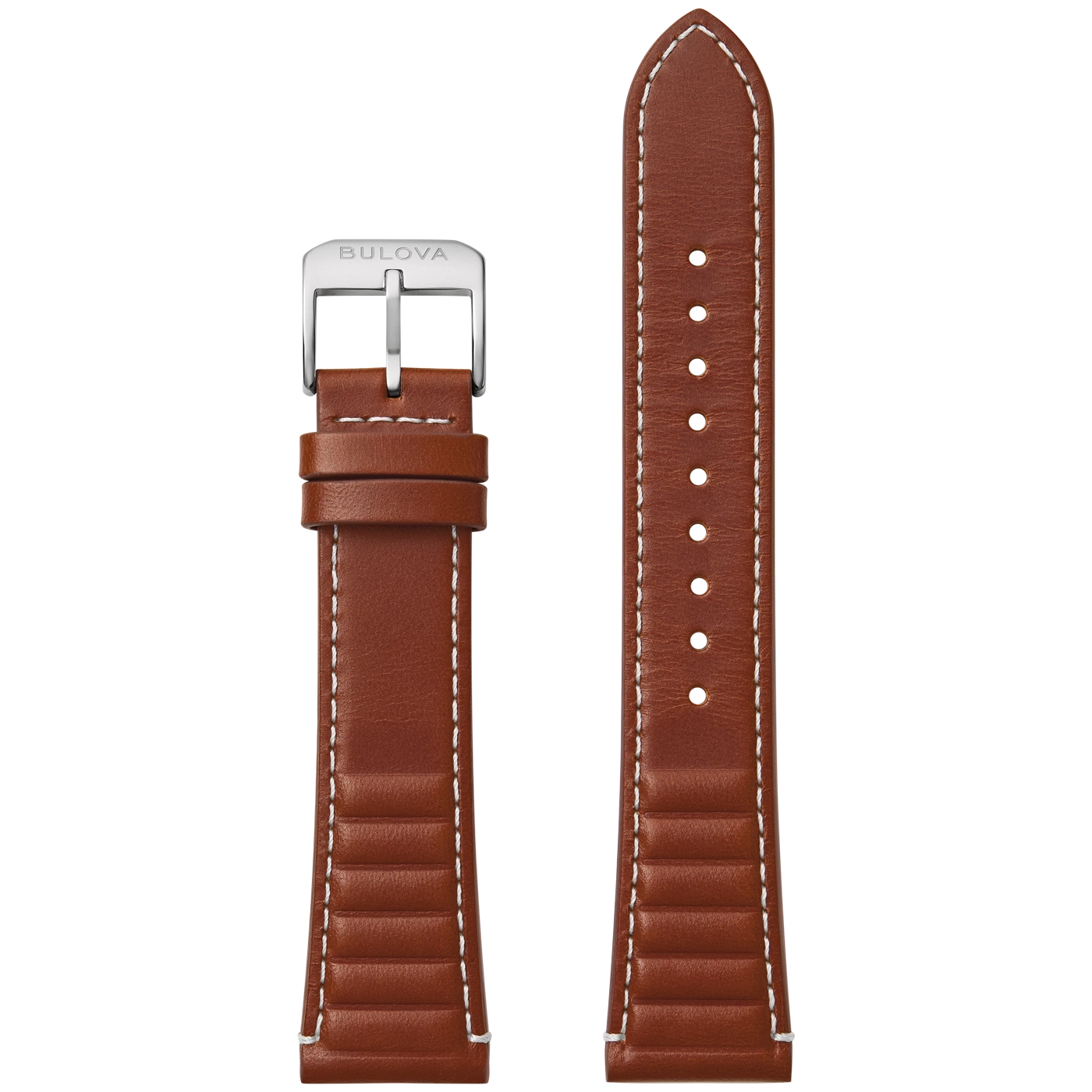 Bruin leren horlogeband met witte stiksels en Bulova gesp.