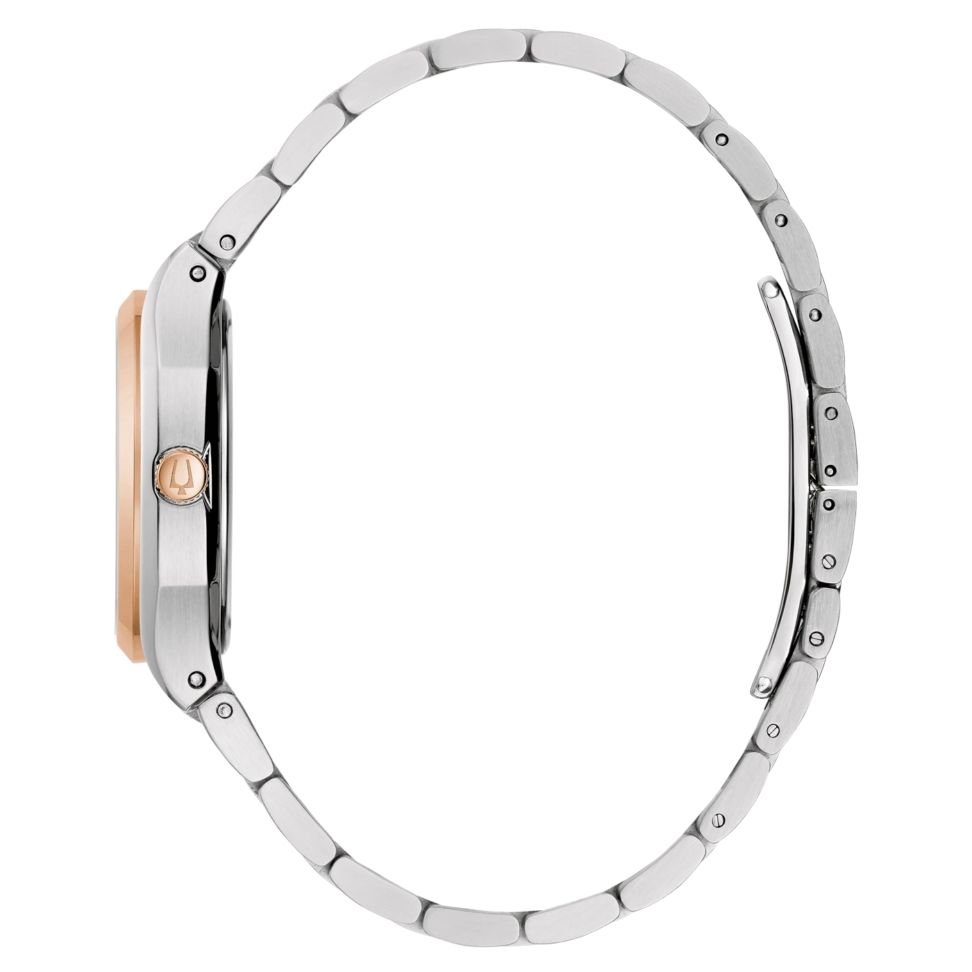 Zijaanzicht van een horloge met zilveren band en roségouden wijzerplaat, elegant