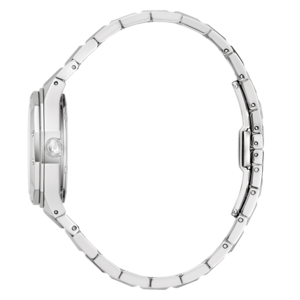 Zilveren dameshorloge met armband, zijaanzicht, elegant design, glanzend.