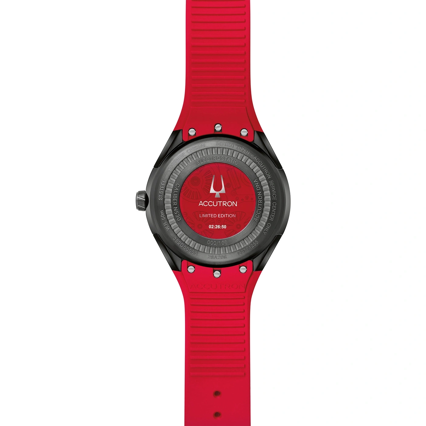 Accutron horloge, rood, Limited Edition, 02:26:50, 000/100, 28A206, staal, 50m waterdicht.