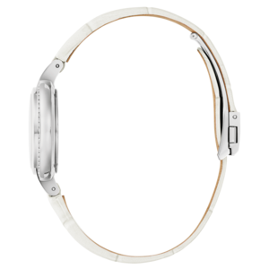 Witte dameshorloge met zilveren kast en witte leren band, elegant en stijlvol.