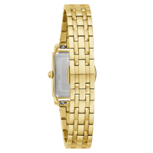 Gouden dameshorloge, rechthoekige wijzerplaat, gouden armband, close-up, geïsoleerd op wit