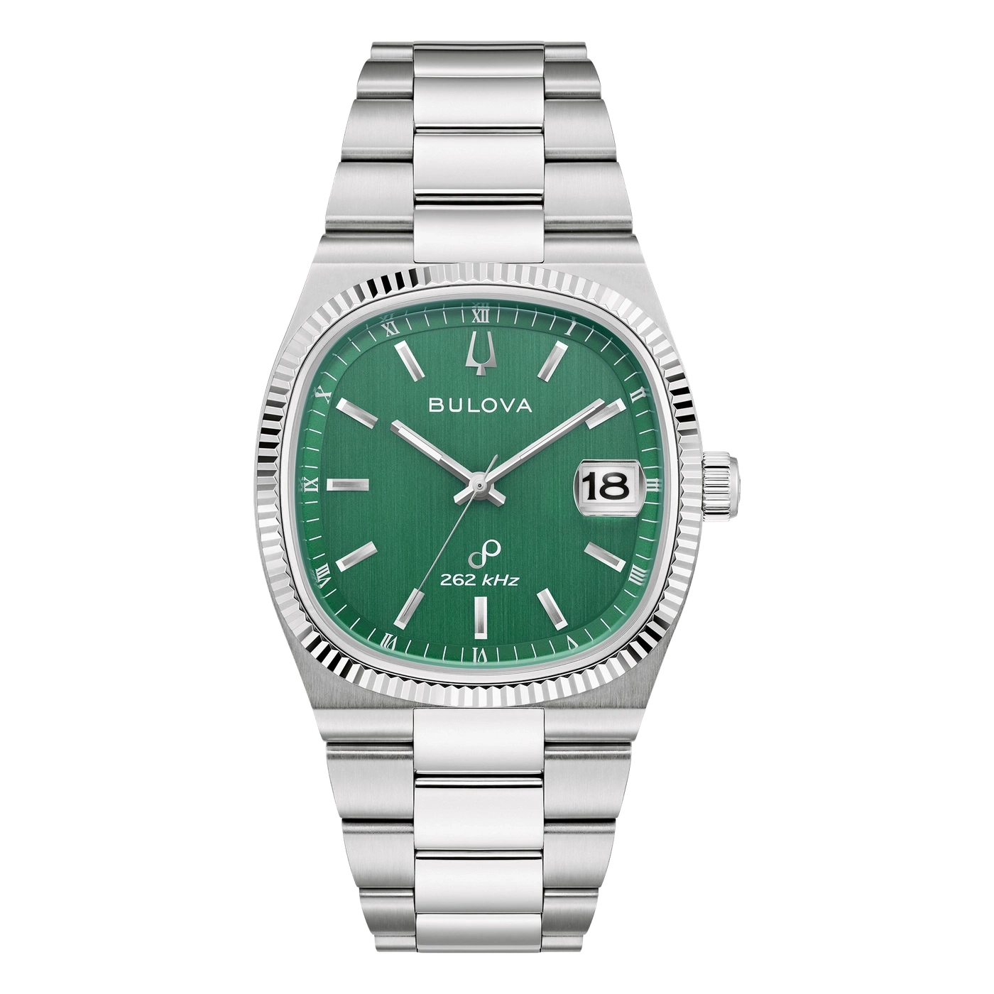 Een groene Bulova horloge met zilveren band en Romeinse cijfers