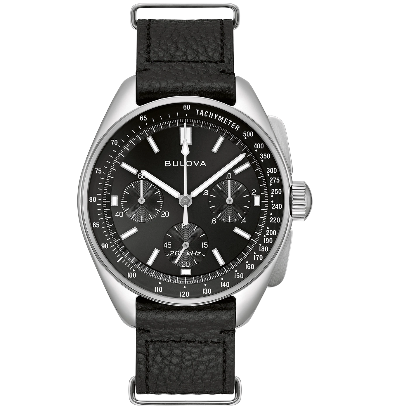 Zwarte Bulova horloge met leren band, tachymeter, 26 kHz, chronograaf.