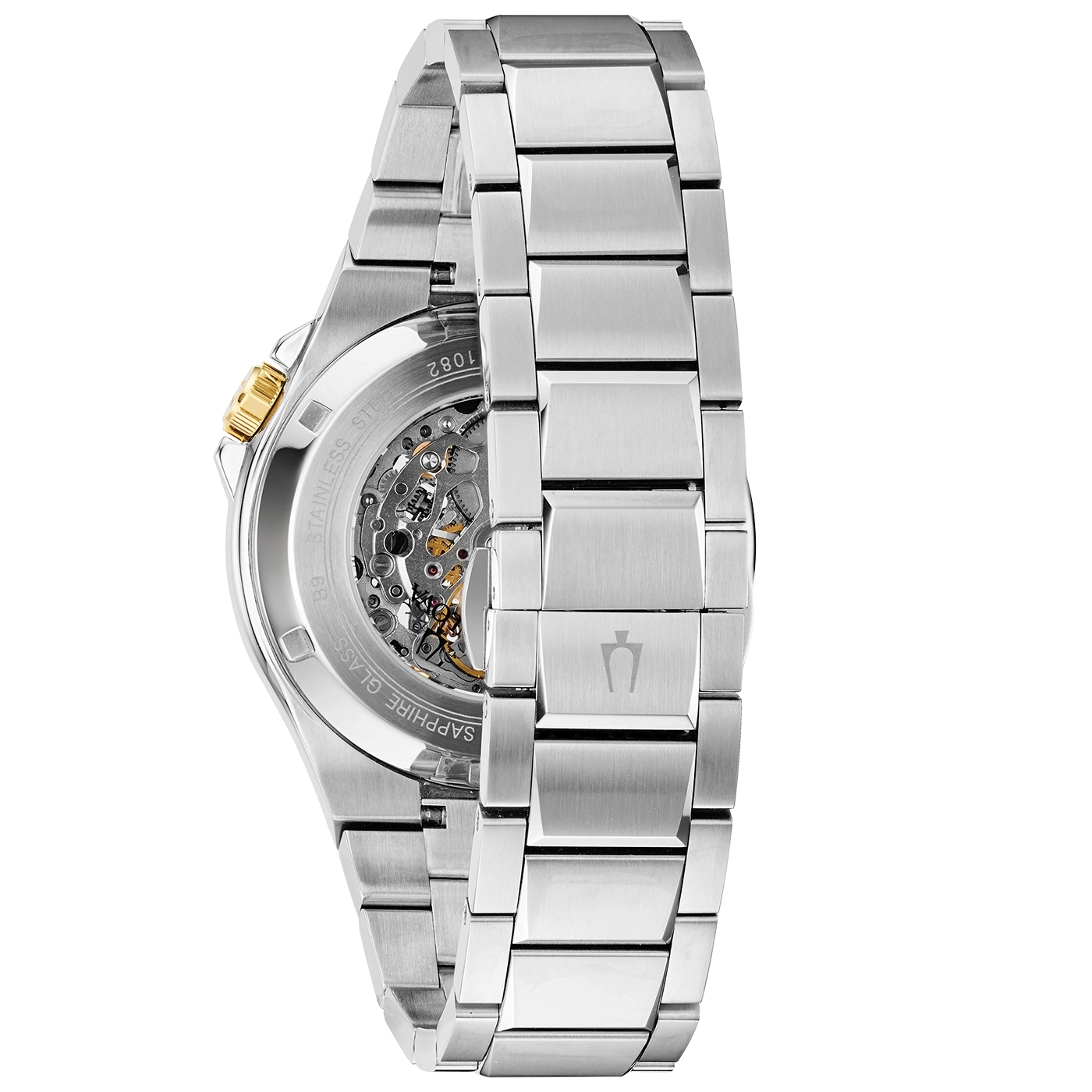 Horloge met metalen band, detailopname, zilver, goud, saffierglas, roestvrij staal