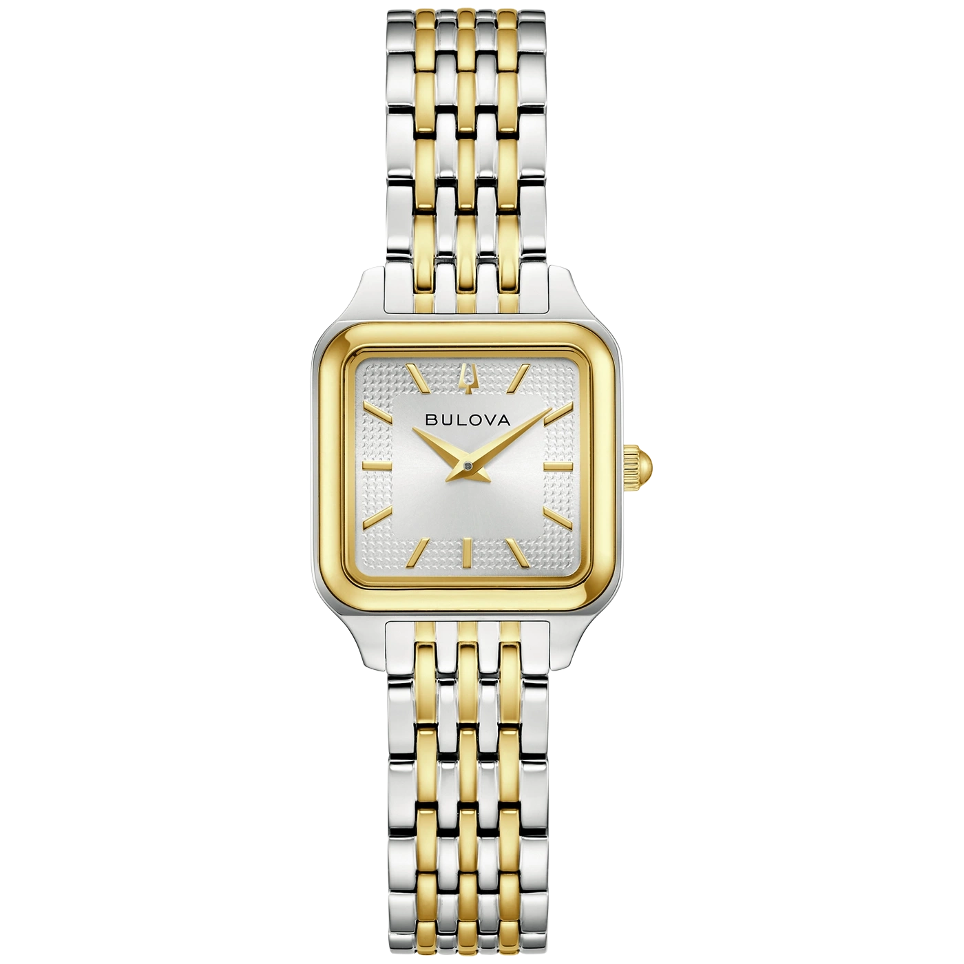 Een tweekleurig Bulova dameshorloge met zilveren en gouden band en wijzerplaat.