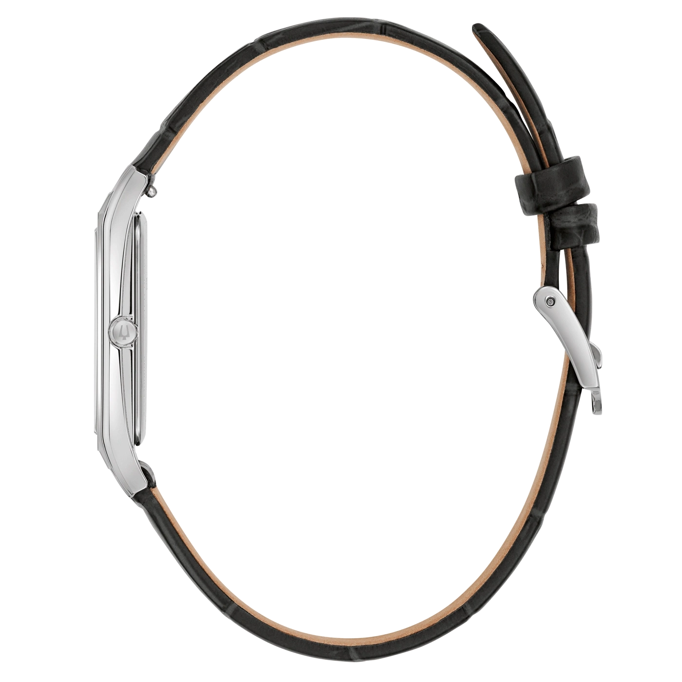 Horloge met zwart leren bandje, zijaanzicht, elegant design, accessoire