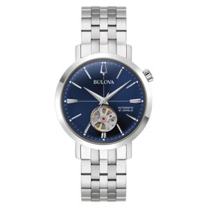 Bulova horloge met blauwe wijzerplaat en zilveren band, automatisch, 21 juwelen