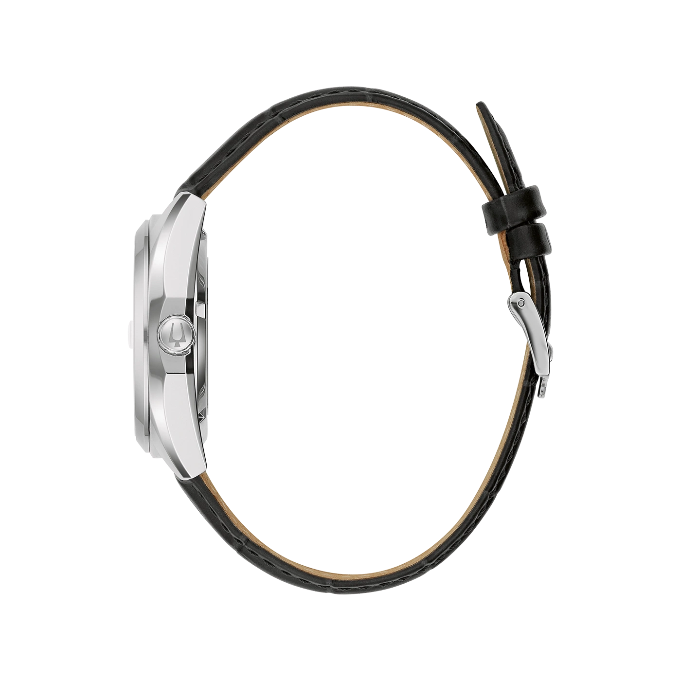 Horloge met zwart lederen band, zilveren kast en een elegant ontwerp.