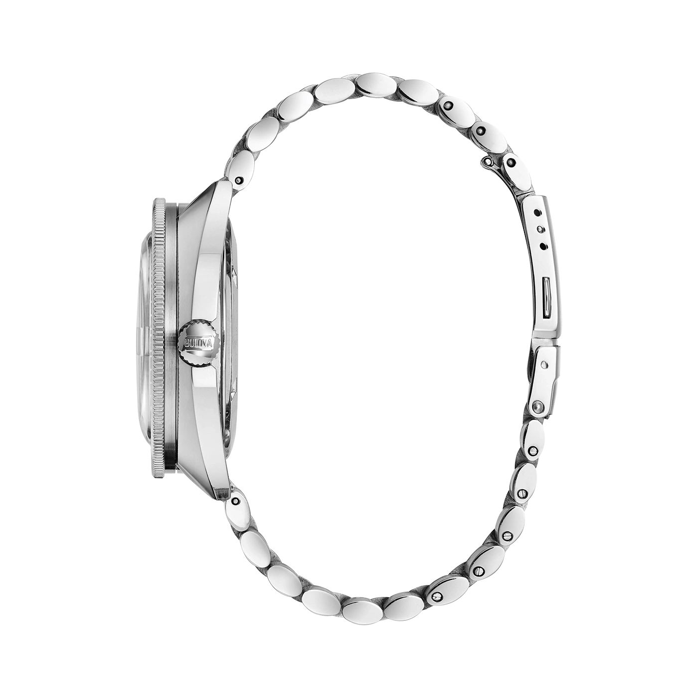 Bulova horloge, zilveren band, detailopname, zijaanzicht, elegant design, accessoire