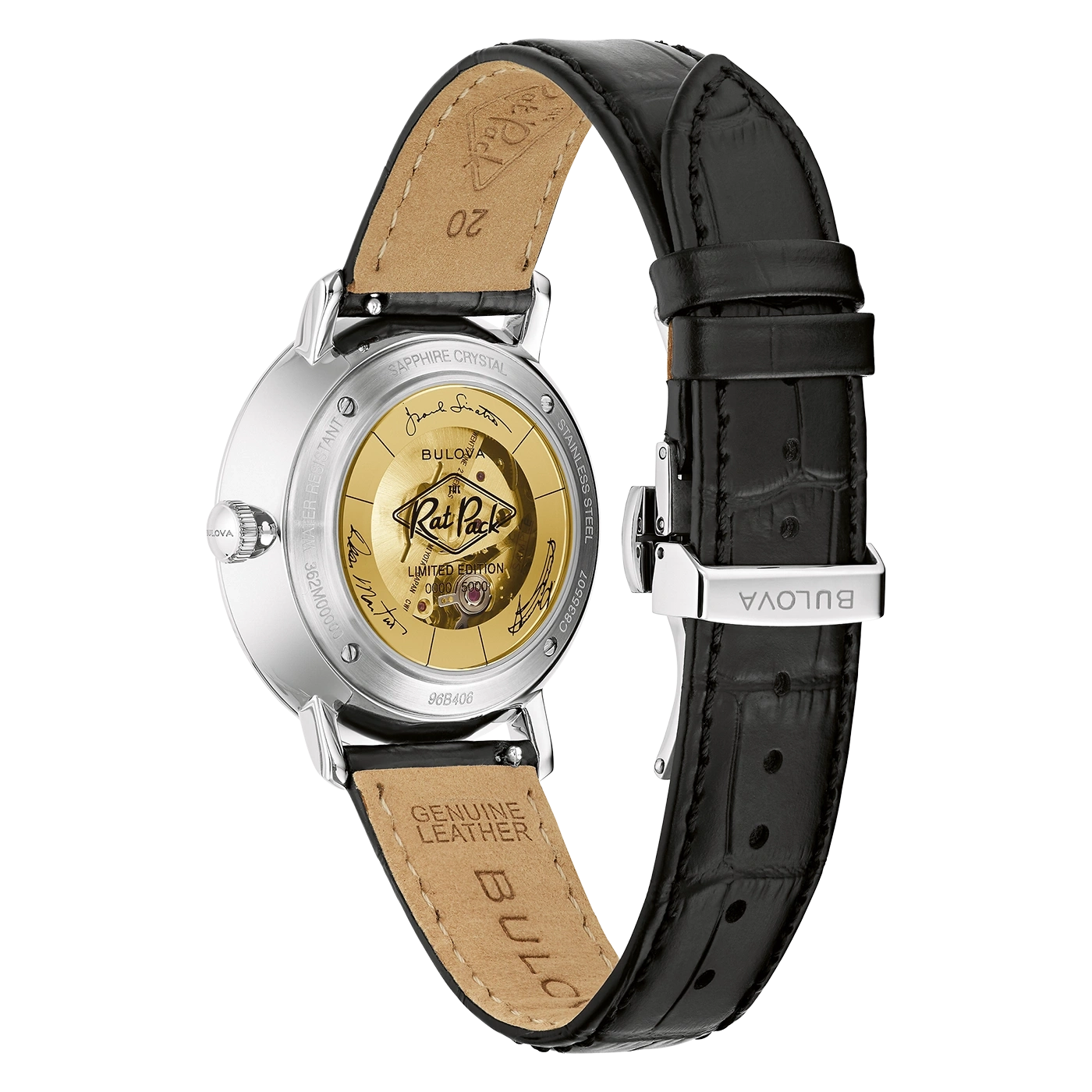 Bulova horloge, achterkant, leren band, Rat Pack, Limited Edition, roestvrij staal