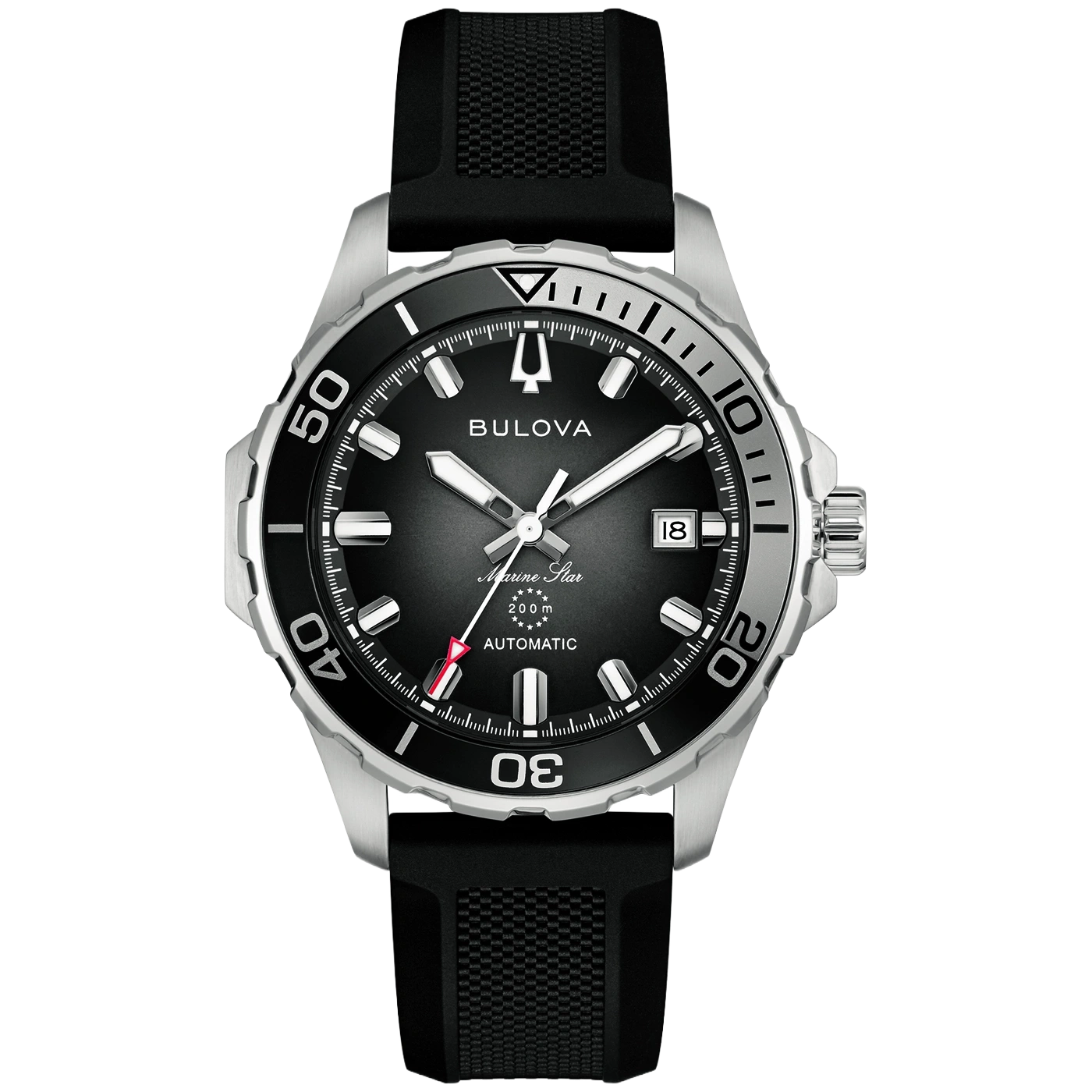 Een zwarte Bulova Marine Star automatische horloge met zilveren kast en zwarte band.