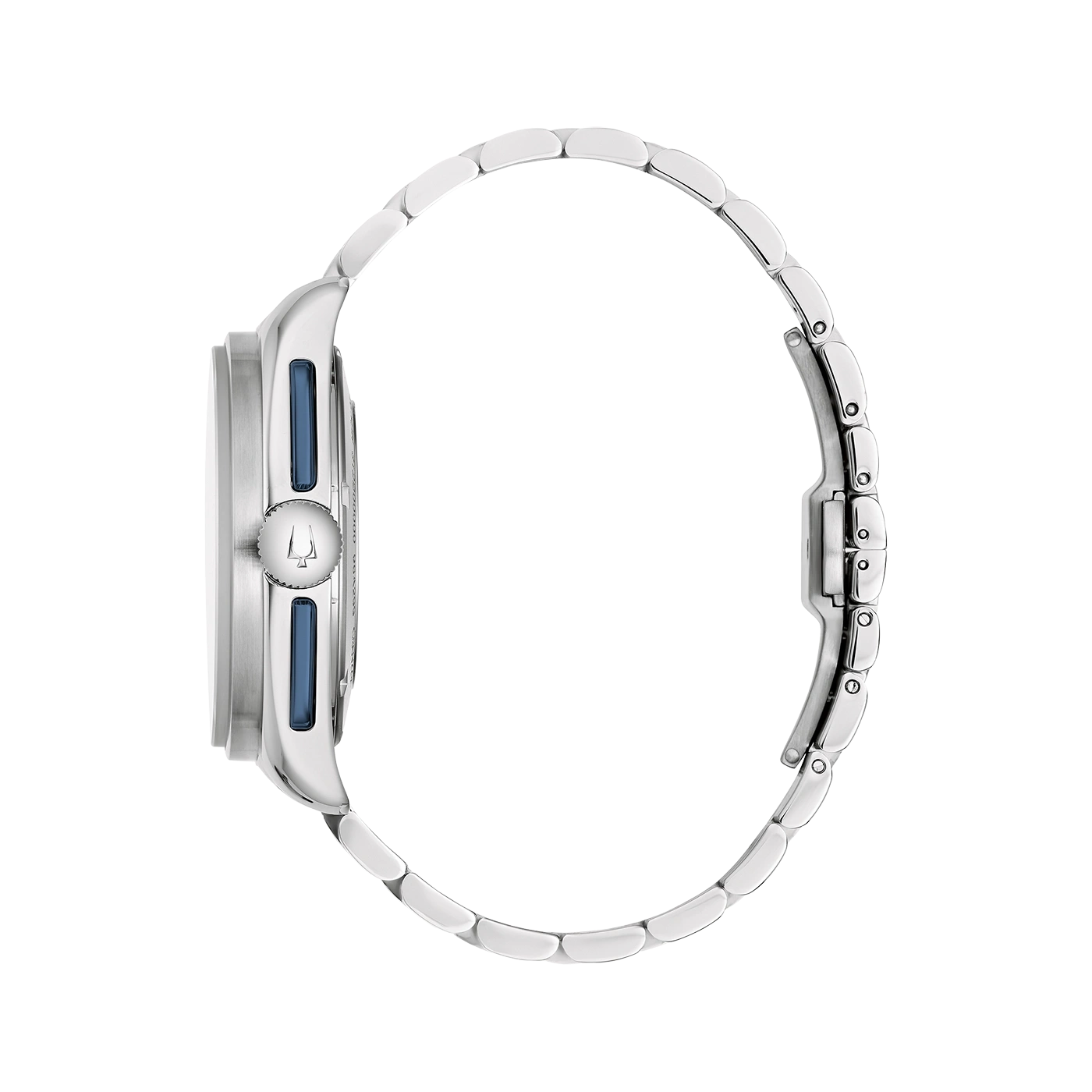 Horloge, zilveren band, blauw detail, zijaanzicht, elegant ontwerp, accessoire
