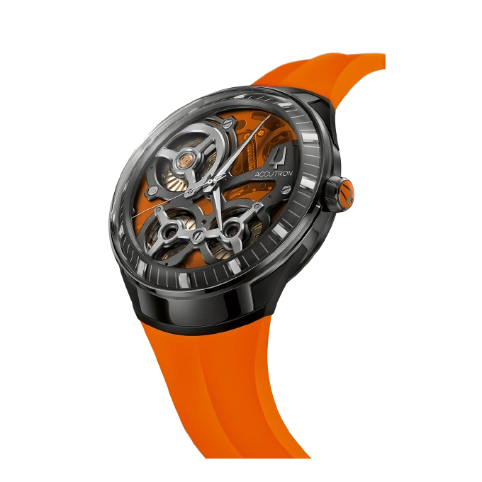 Oranje horloge met zwarte kast en transparante wijzerplaat