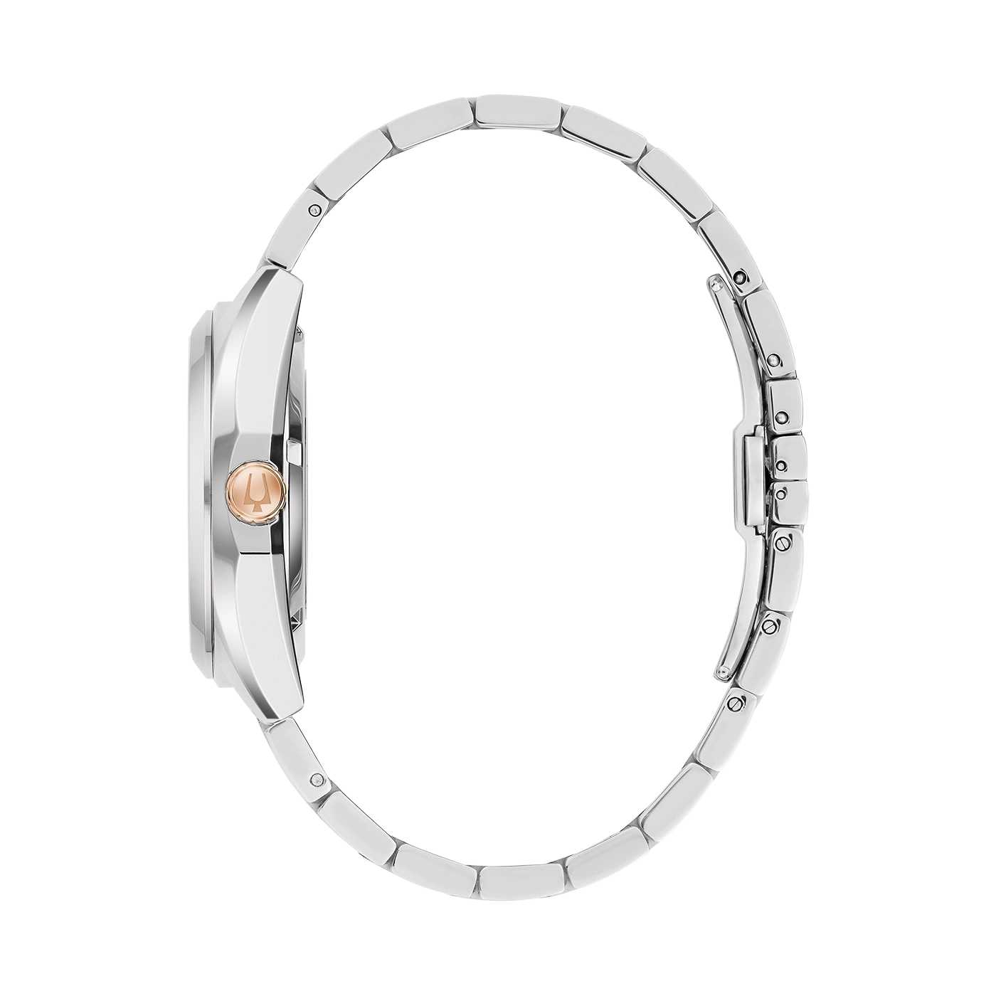Horloge, zilveren band, roségouden details, zijaanzicht, elegant ontwerp, accessoire