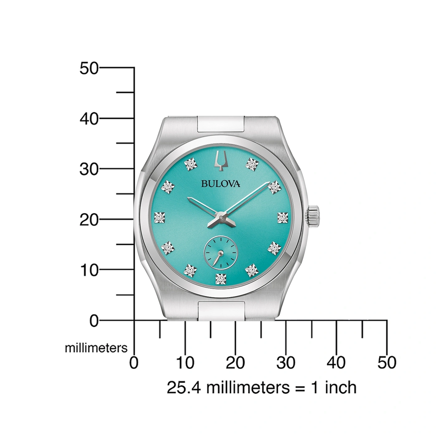 Bulova horloge met turquoise wijzerplaat en diamanten, meetschaal in millimeters.