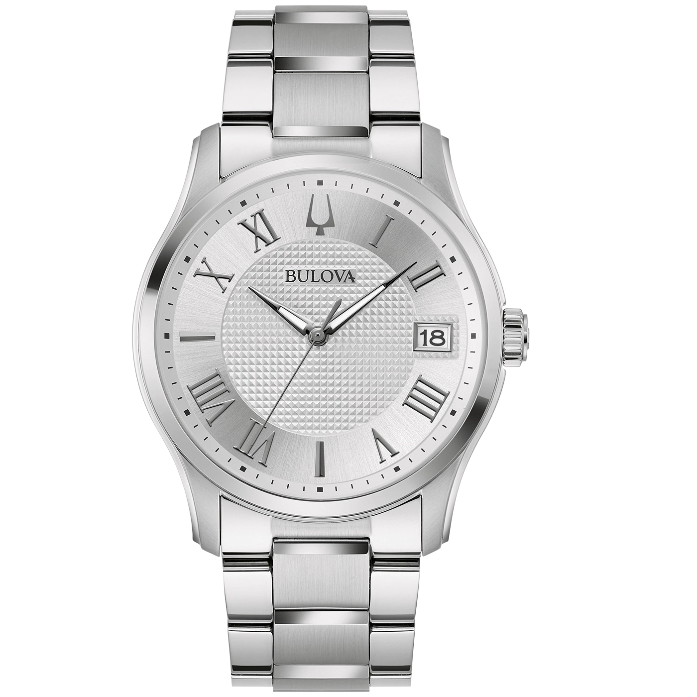Zilveren Bulova horloge met Romeinse cijfers en datumweergave op lichte achtergrond.