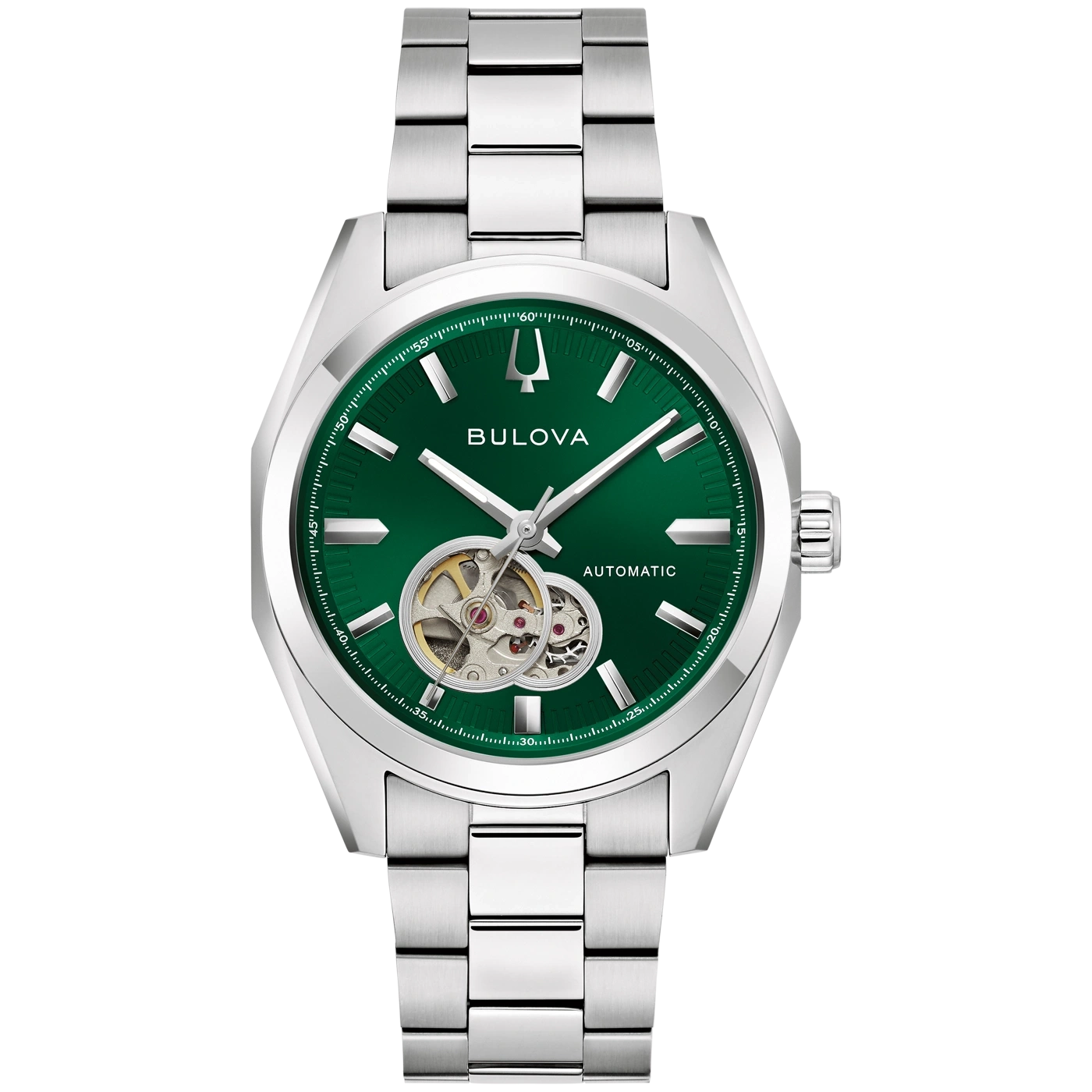 Een automatische Bulova-horloge met zilveren band en groen wijzerplaat met een skeletonontwerp.