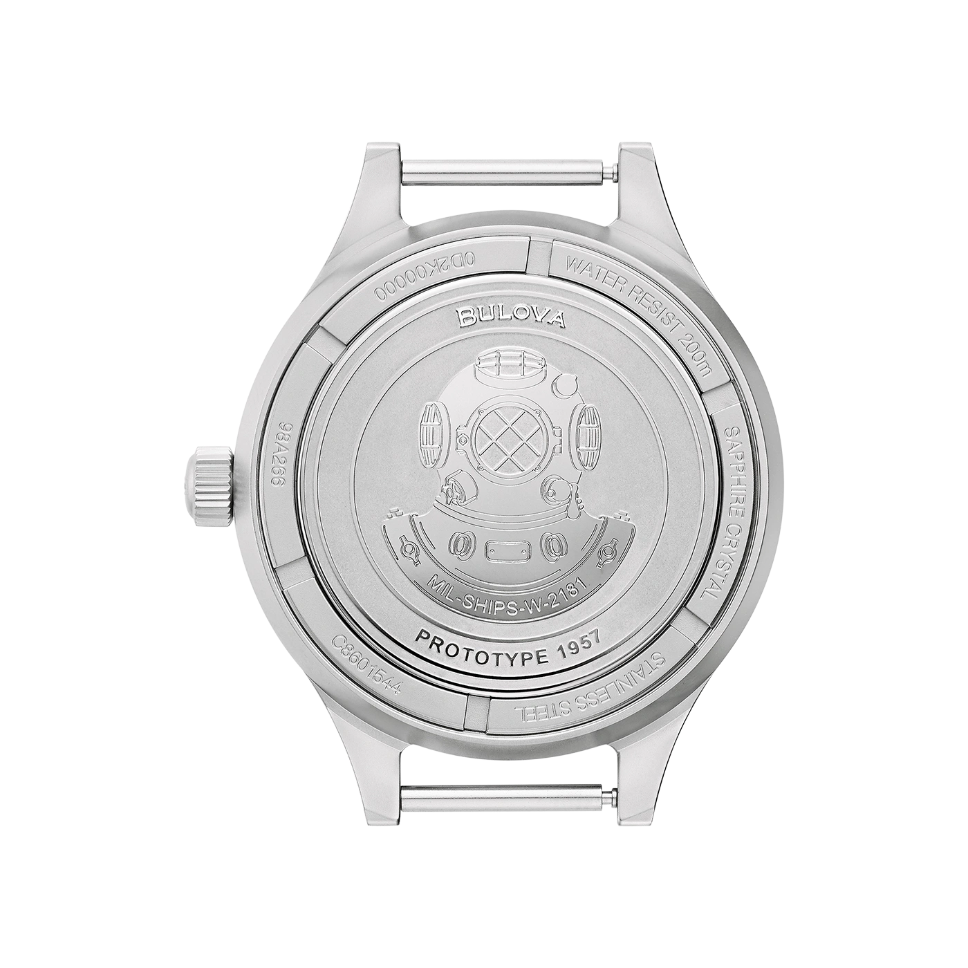 Achterkant Bulova horloge, gegraveerd, roestvrij staal, prototype 1957, waterdicht.