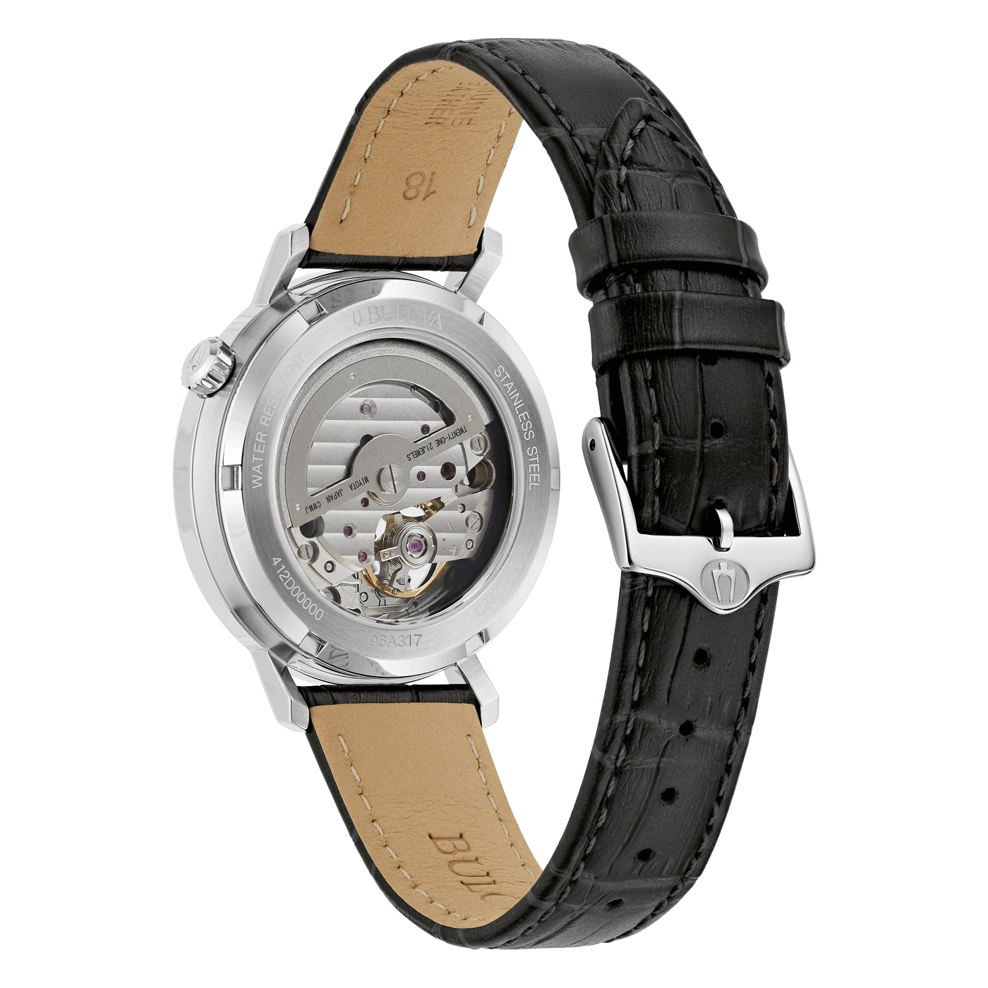 Bulova horloge, roestvrij staal, leren band, skelet wijzerplaat, automatisch uurwerk, waterdicht, 21 juwelen.
