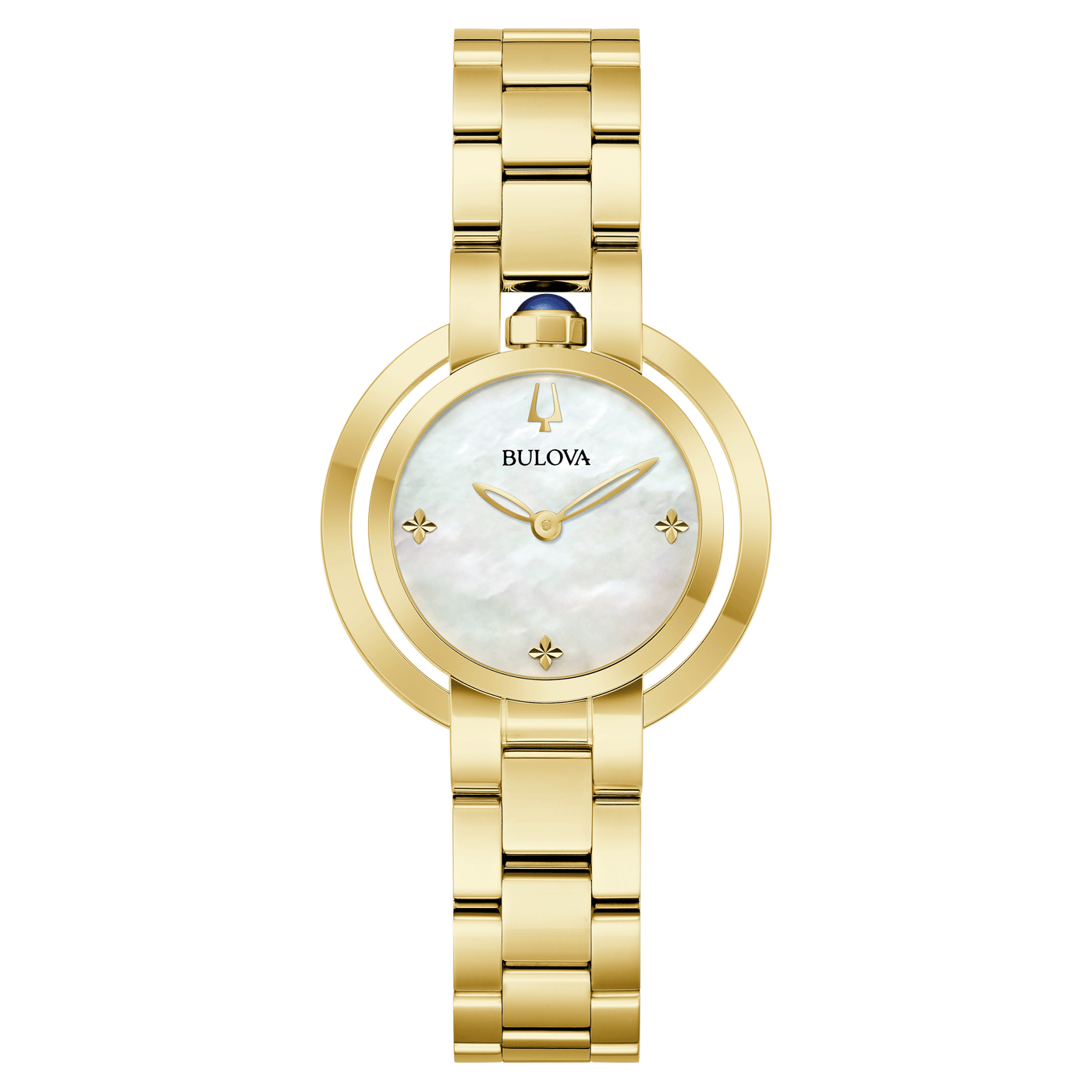Gouden Bulova horloge met parelmoer wijzerplaat en diamanten, elegant.