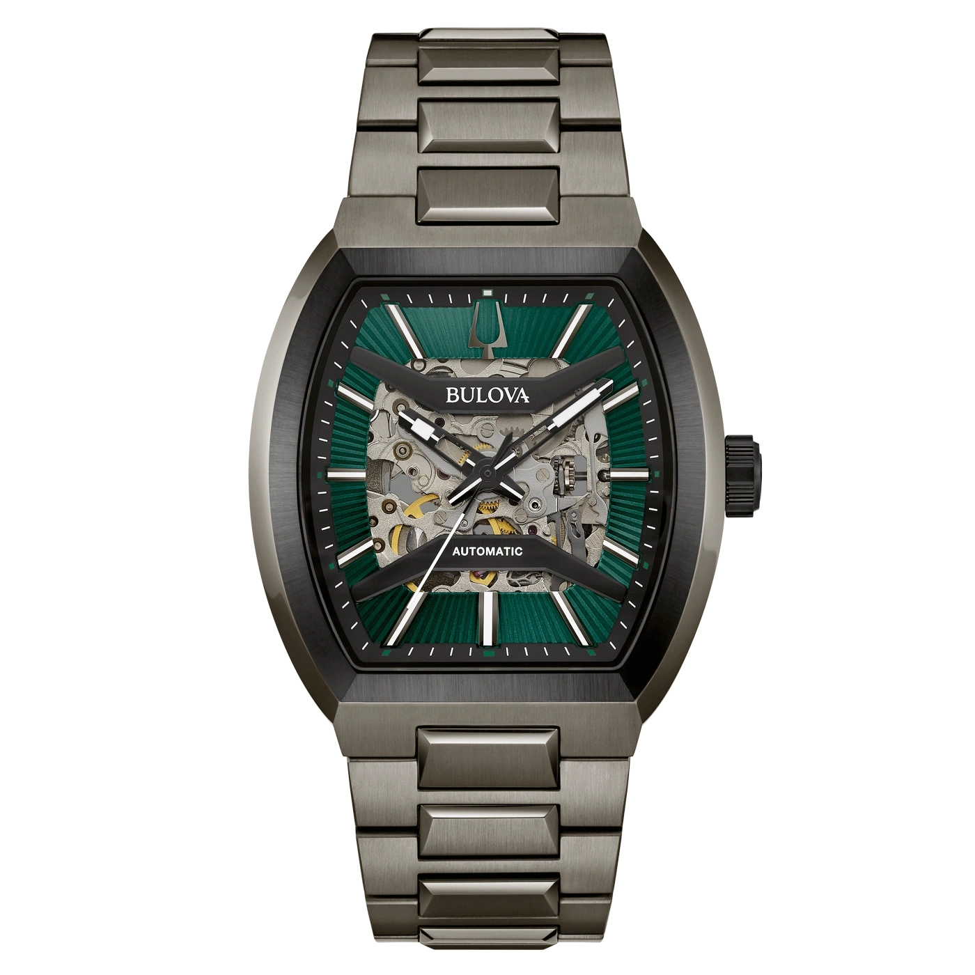 Bulova horloge, skelet wijzerplaat, groene details, automatisch, metalen band, modern design.
