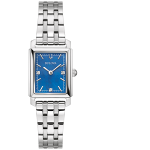 Bulova dameshorloge met blauwe wijzerplaat en zilveren band, rechthoekig