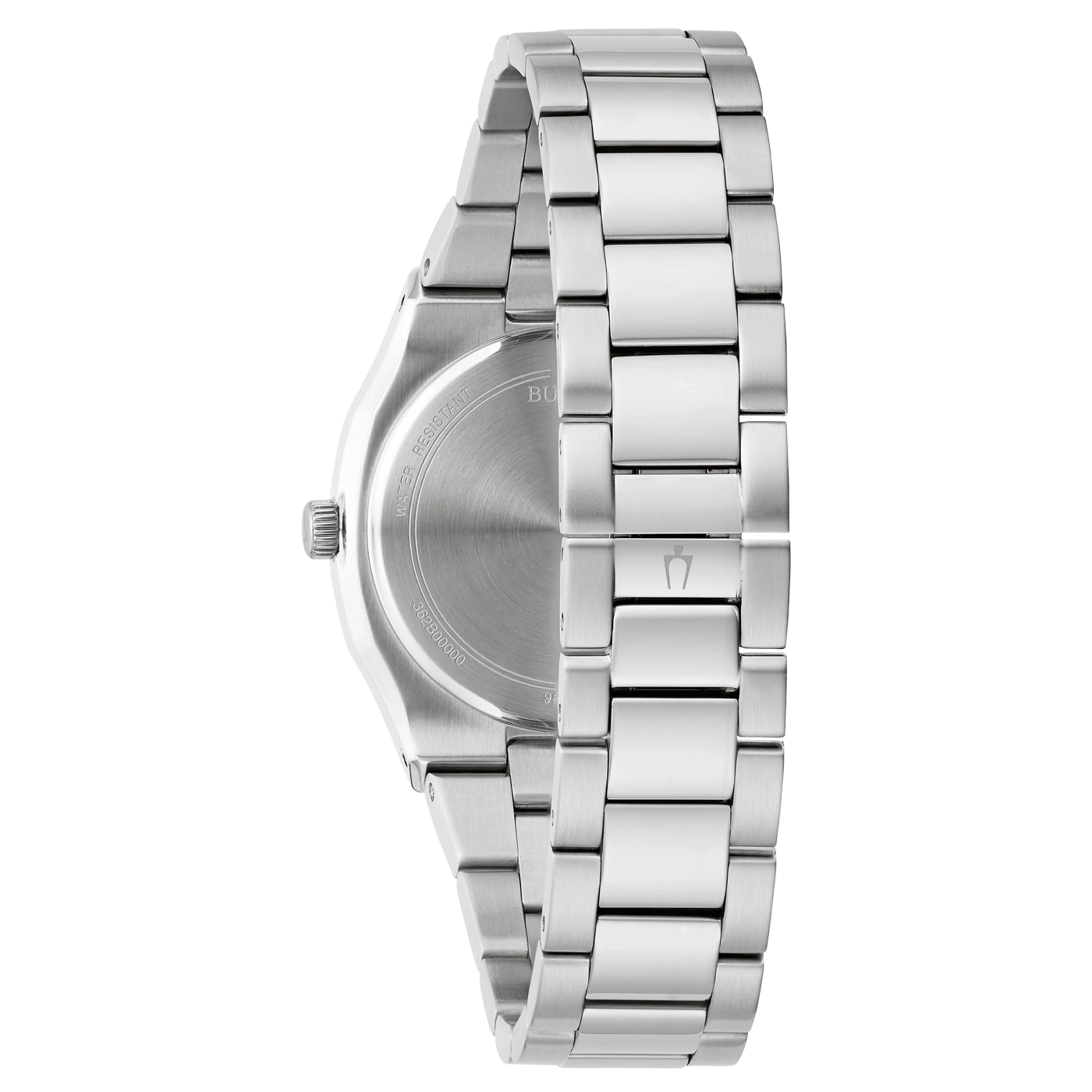 Metalen horloge, close-up van de band en de achterkant.