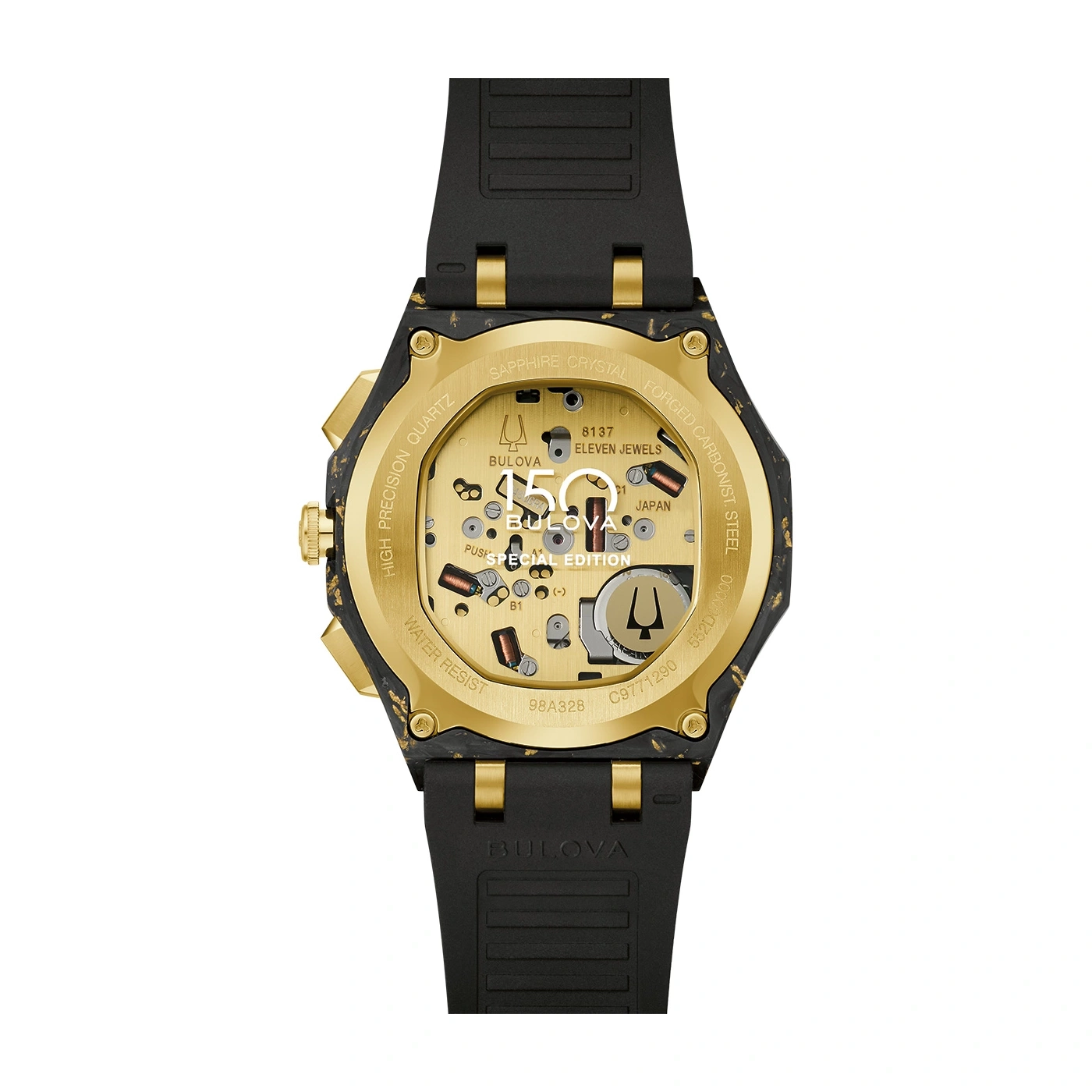 Bulova horloge, gouden kast, zwart bandje, precisie quartz, speciale editie, waterbestendig.