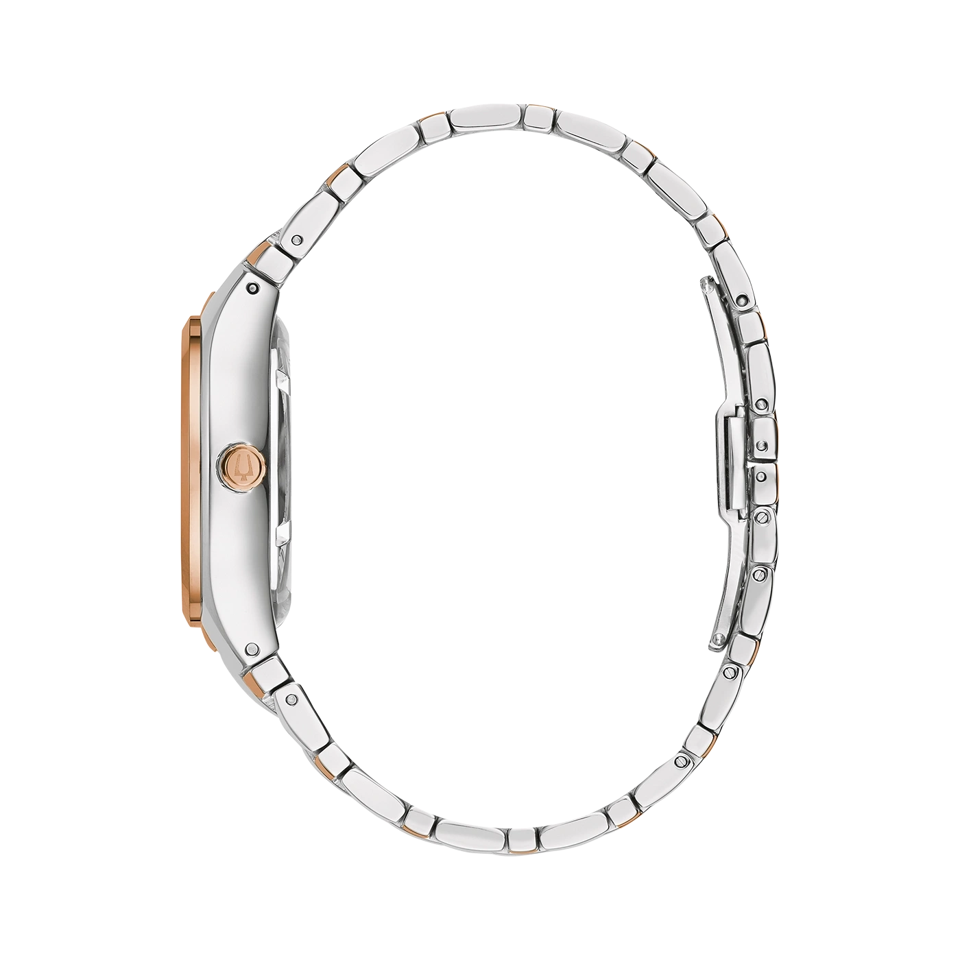 Horloge, zilveren band, roségouden wijzerplaat, zijaanzicht, elegant ontwerp, accessoire