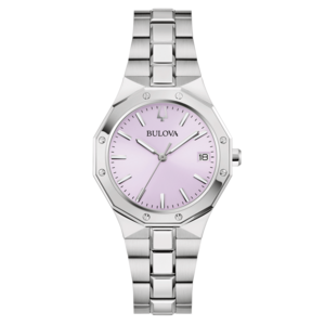 Bulova dameshorloge, zilverkleurige kast, roze wijzerplaat, datumweergave, roestvrijstalen band