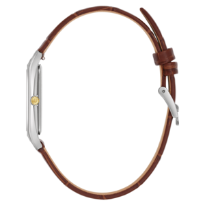Horloge met bruine leren band, zijaanzicht, detailopname, geïsoleerd op witte achtergrond