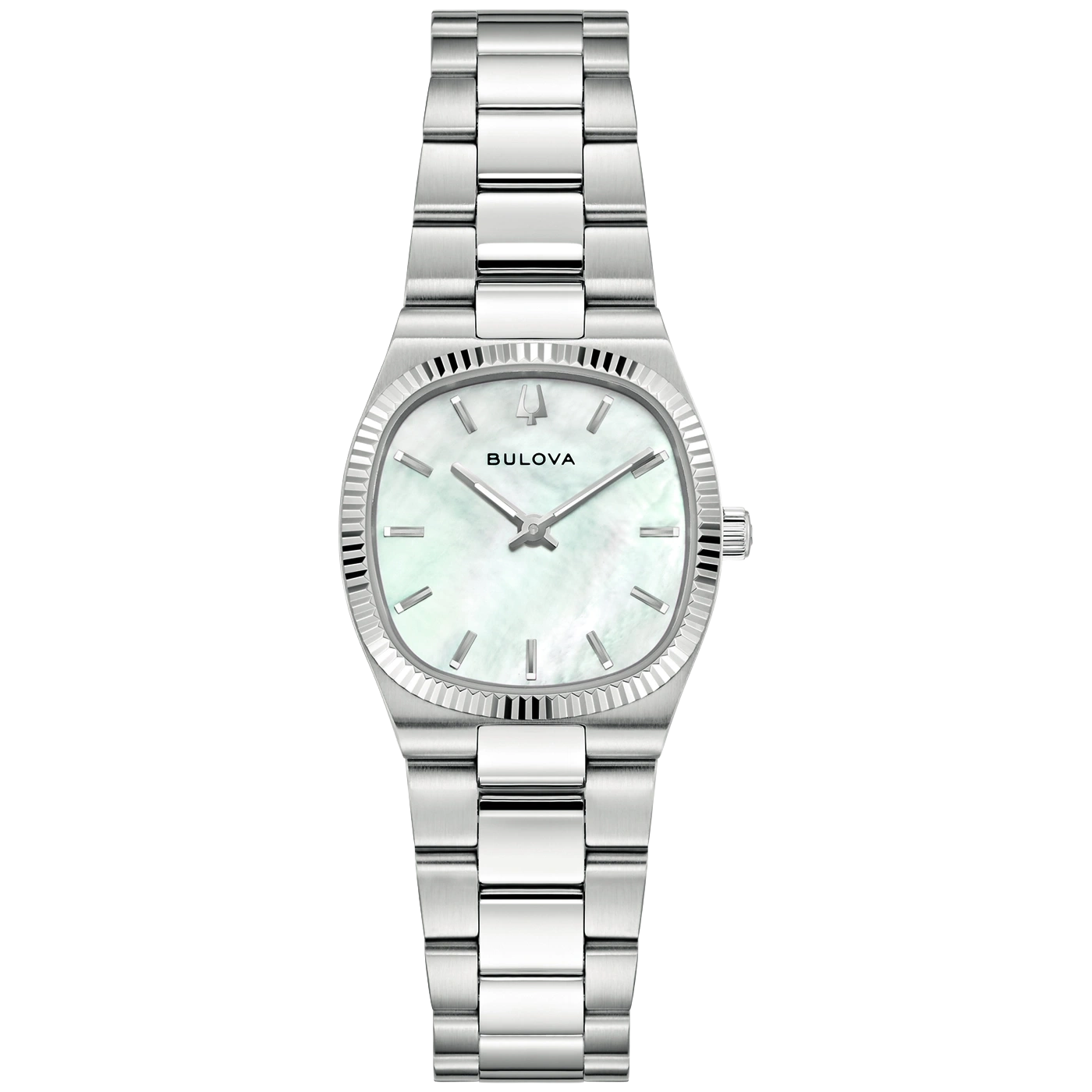 Een zilverkleurig Bulova dameshorloge met parelmoeren wijzerplaat en gekartelde lunette.