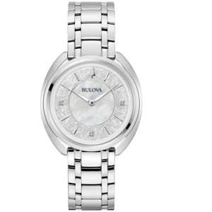 Zilveren Bulova dameshorloge met parelmoer wijzerplaat en diamanten, elegant