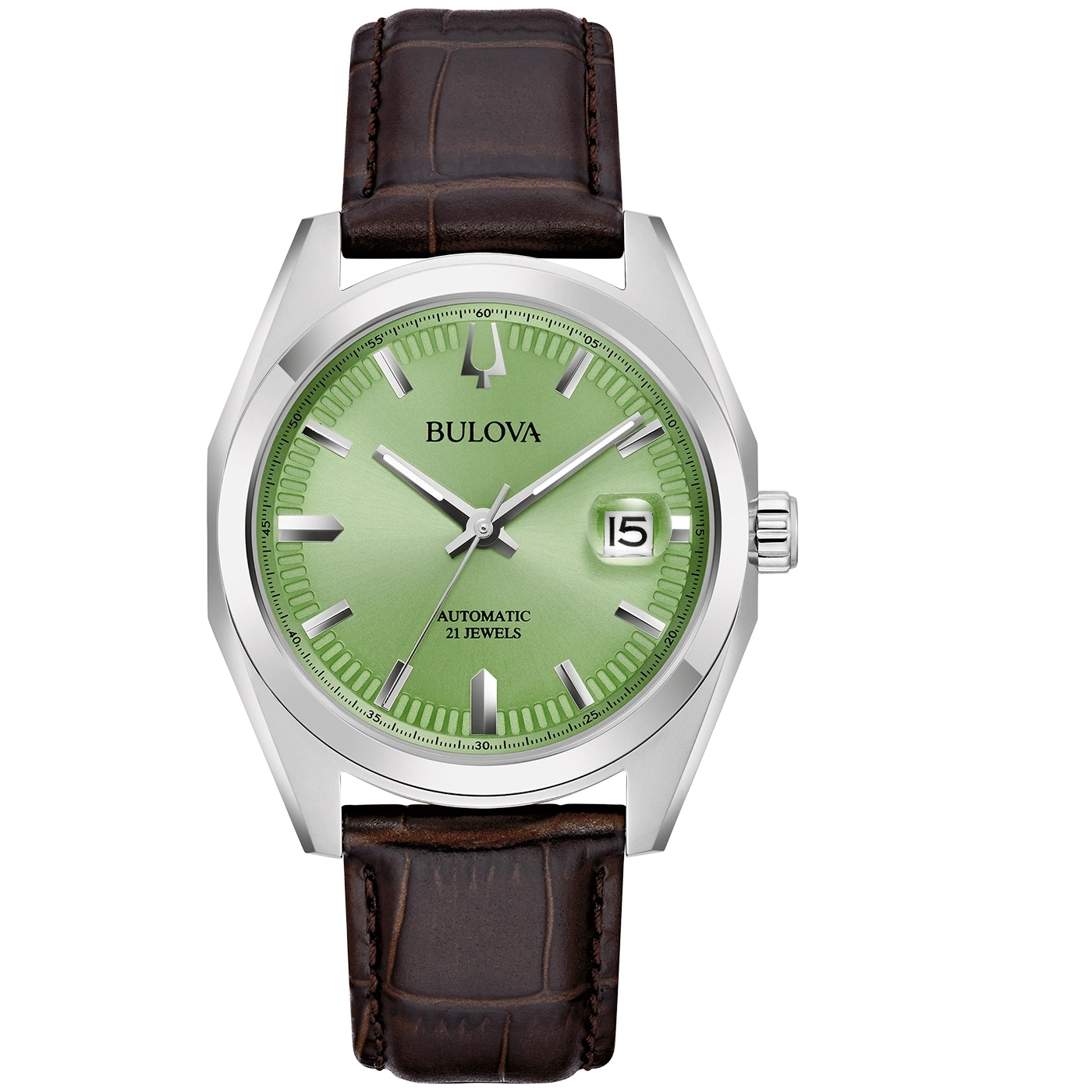 Bulova horloge met groene wijzerplaat en bruine leren band, datumweergave