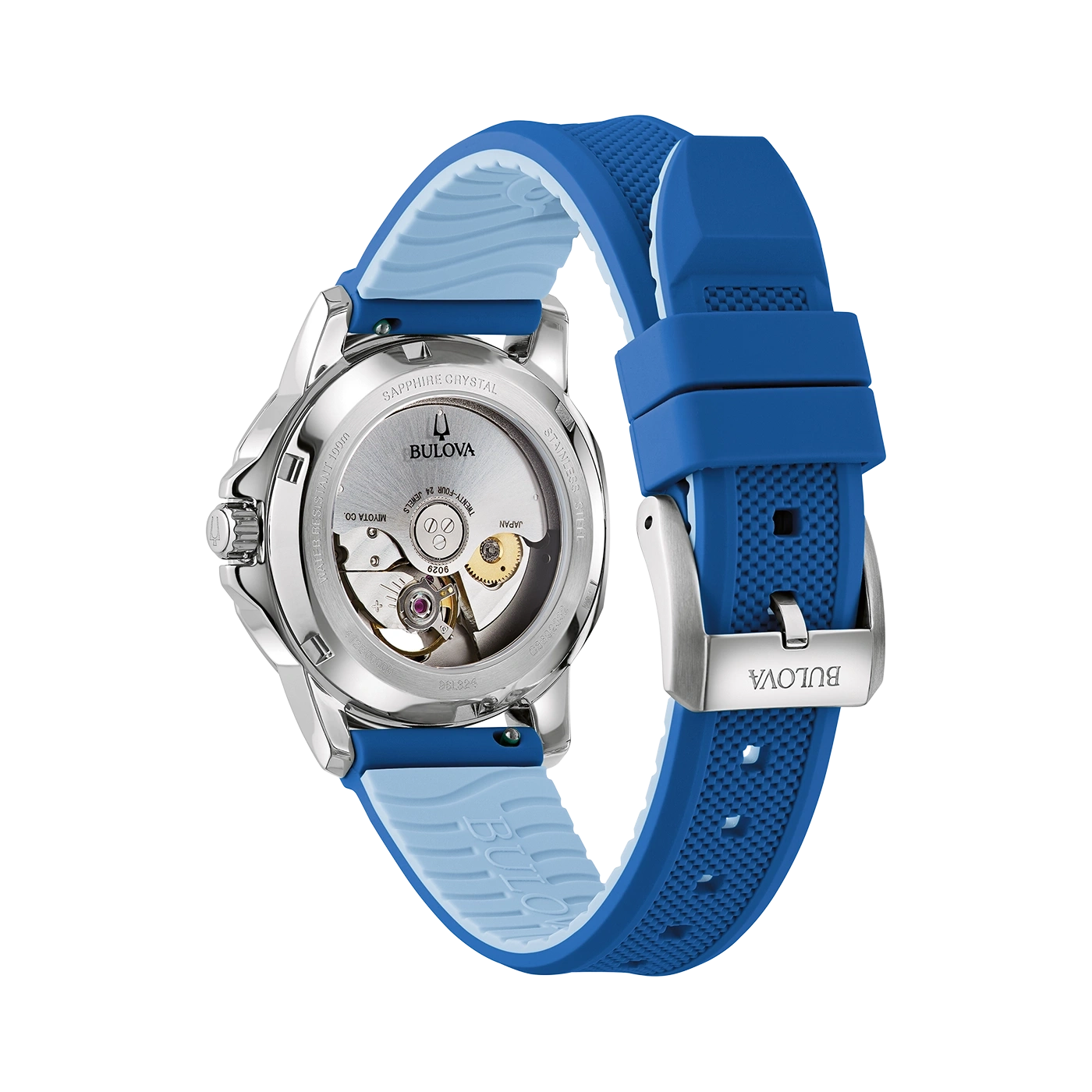 Bulova horloge met blauwe band, saffierglas, roestvrij staal, Japans uurwerk