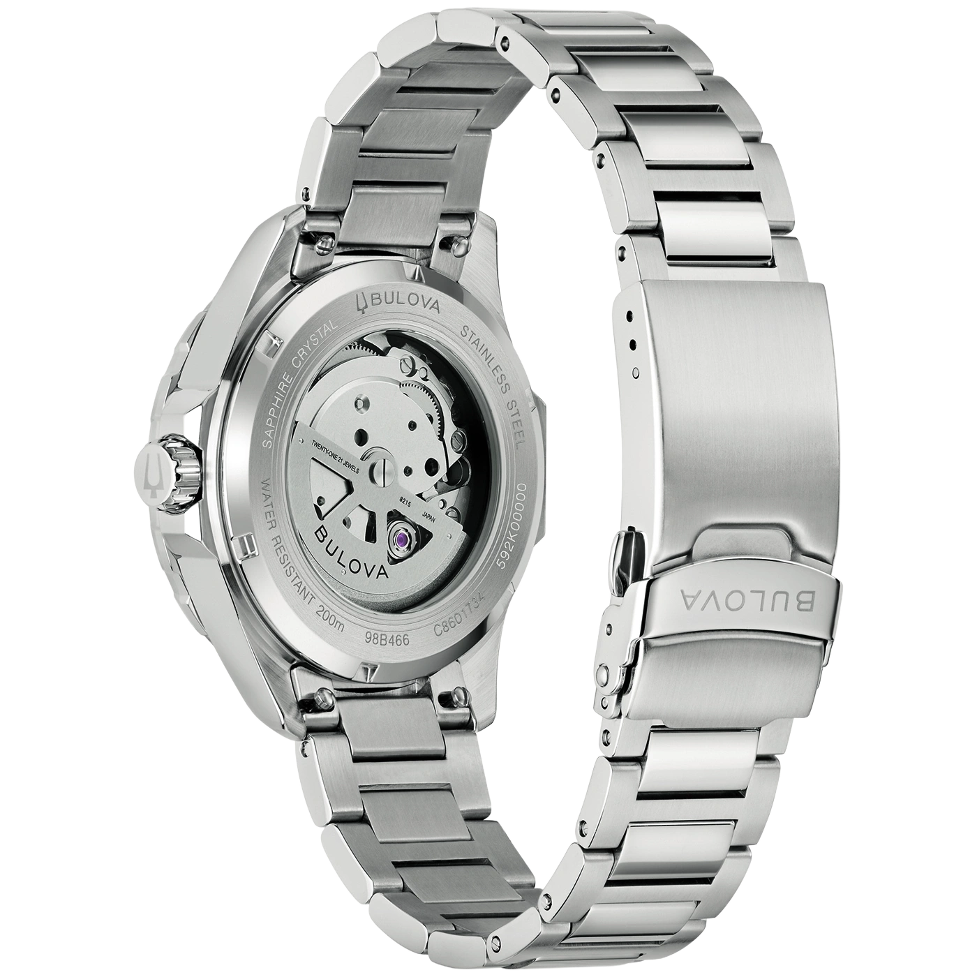 Achterkant van een zilveren Bulova automatische horloge met zichtvenster