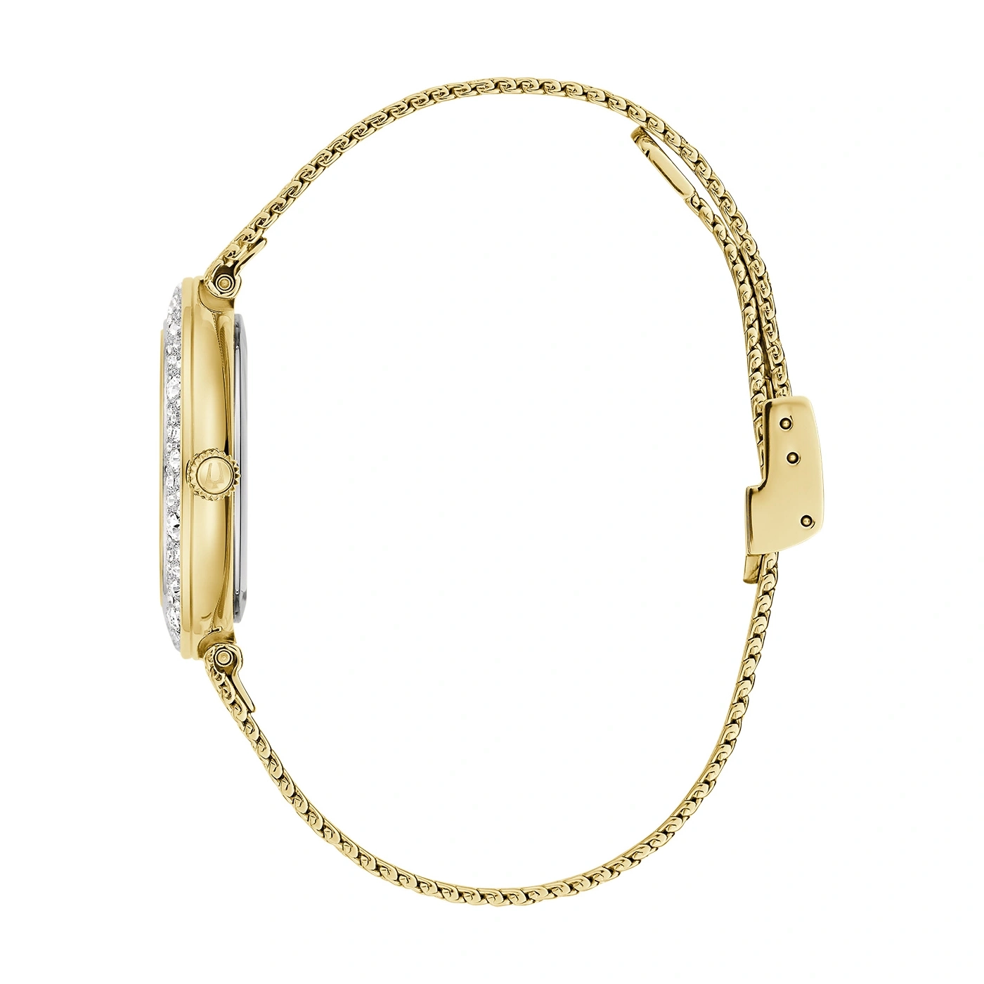 Gouden horloge met diamanten en gouden armband, zijaanzicht, elegant