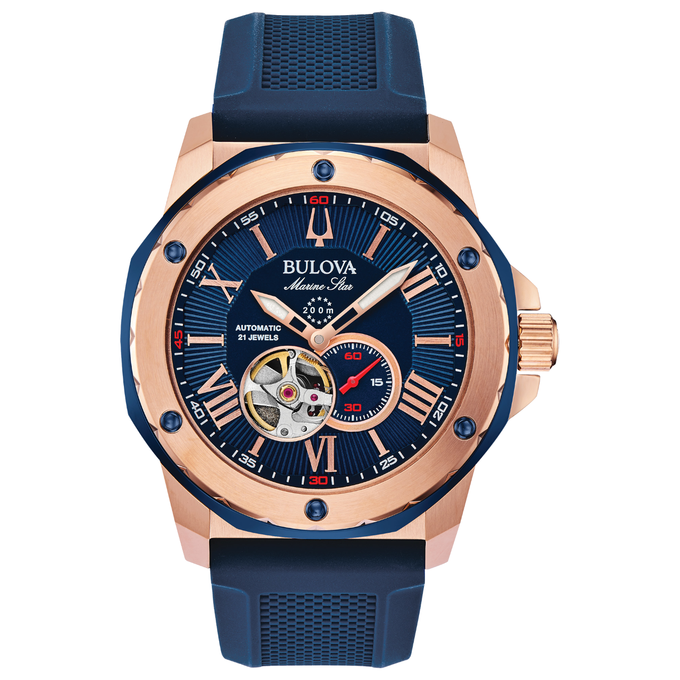 Bulova Marine Star horloge, blauwe wijzerplaat, roségouden kast, automatisch uurwerk, herenhorloge.