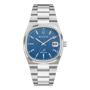 Bulova horloge met blauwe wijzerplaat en zilveren band, datum 18