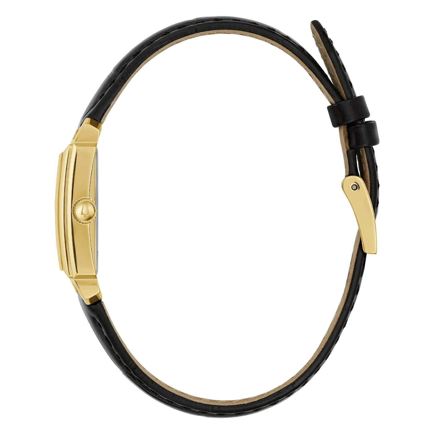Gouden horloge met zwart lederen band, zijaanzicht, elegant design, accessoire, mode